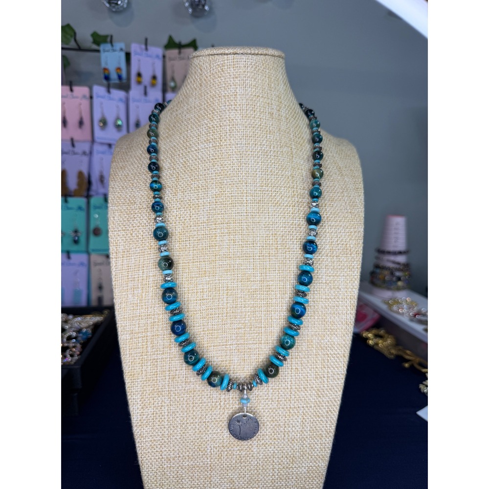 Blue Tigers Eye Turquoise Beaded Necklace Wishes Do Come True Dandelion Pendant